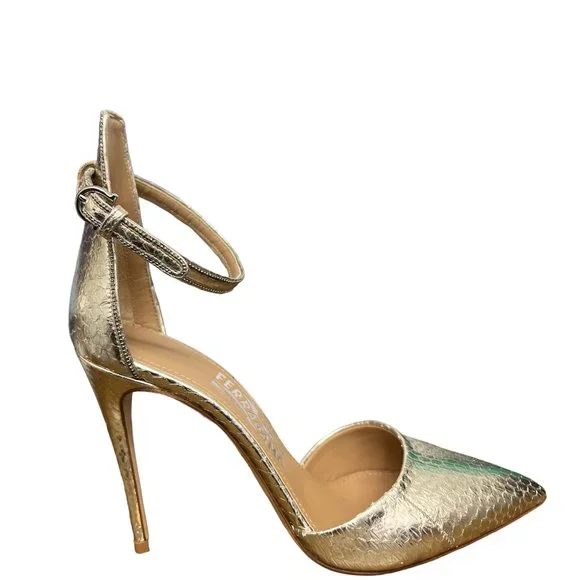 Salvatore Ferragamo Silver Ankle Strap Leather Stiletto PumpsUS Size 6.5